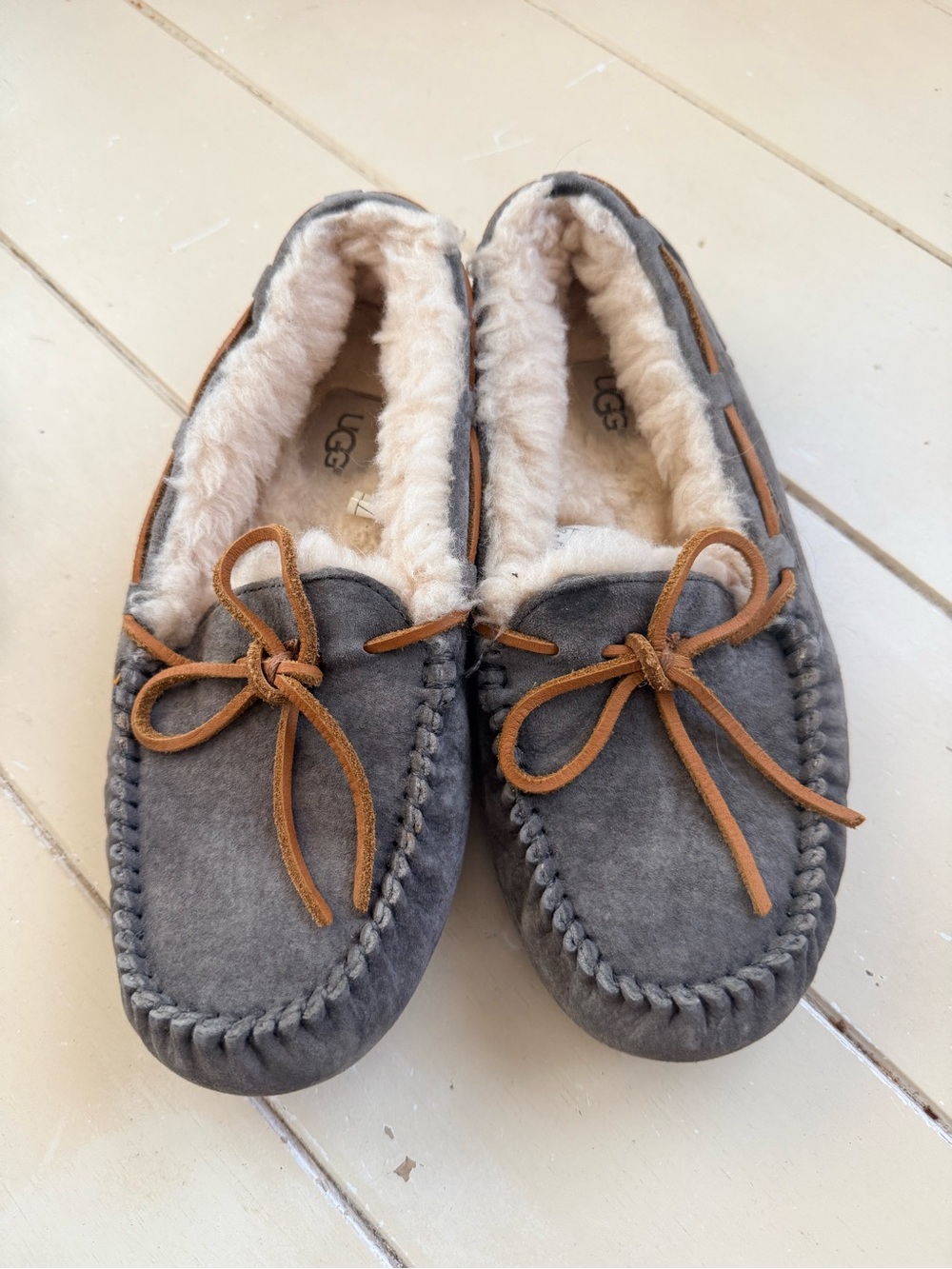 UGG Cream Shearling Lined Slippers with Chestnut Lace Trim